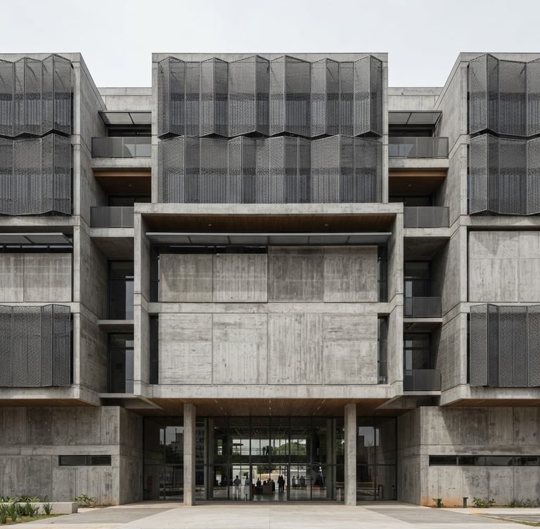 Straight-on architectural photograph of a modern concrete building facade in Sorocaba, bright neutral daylight, clean sharp shadows, slate grey tones