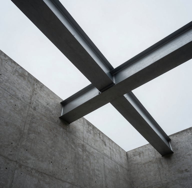 One-point perspective of raw architectural concrete intersecting with polished steel beams, overcast dramatic daylight, minimalist composition