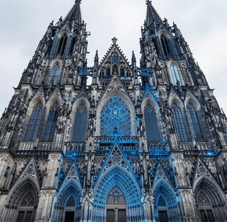 Wide-angle orthophoto of a complex gothic cathedral facade with a blue digital laser point-cloud wireframe overlay, sharp overcast daylight, crisp technical architectural rendering, 35mm lens.