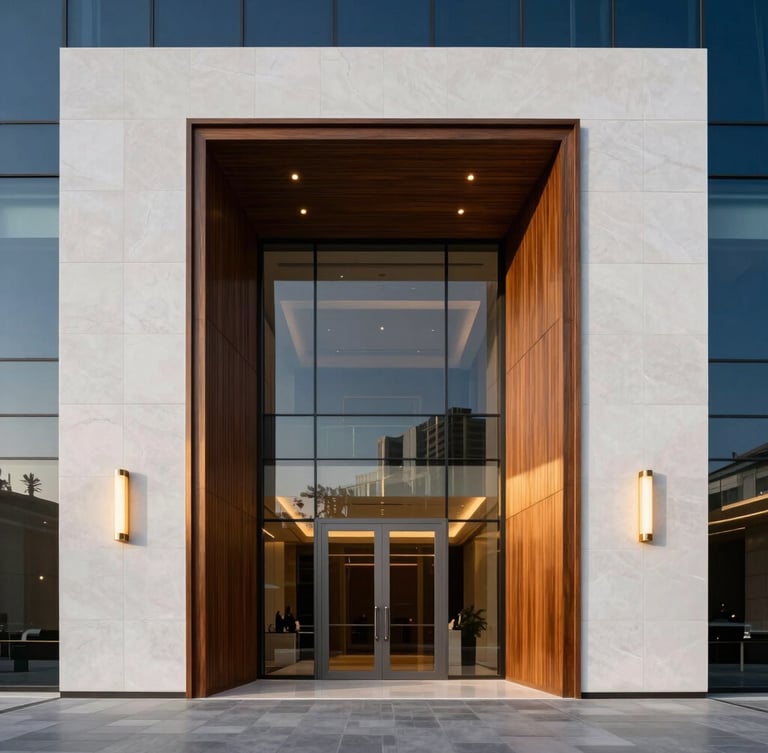 Straight-on medium shot of a luxury office lobby in Business Bay, immaculate gypsum wall panels, custom timber carpentry, warm architectural lighting, 35mm.