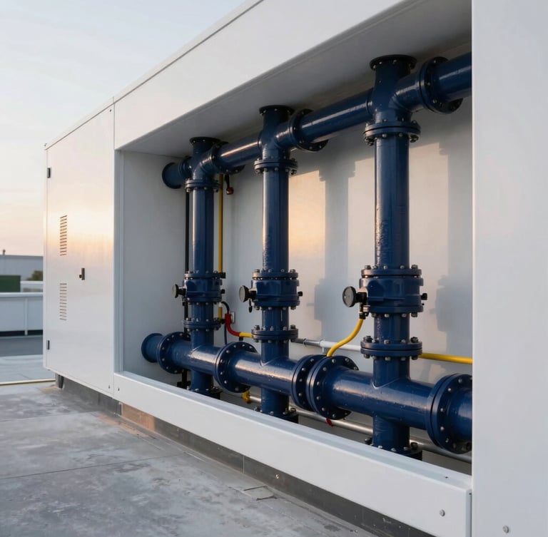 An immaculate commercial plant room with color-coded pipes, high-contrast architectural daylight, deep navy and clean white tones, sharp focus, 35mm