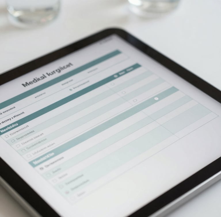 A close-up of a structured digital medical questionnaire on a clean tablet screen, soft natural light, sterile white background