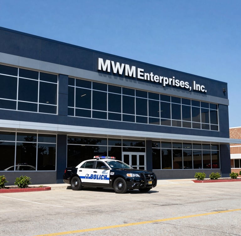 Wide exterior shot of the modern MWM Enterprises, Inc. office building in Reynoldsburg under sharp daylight, with a marked patrol vehicle parked prominently in front, high contrast navy and slate tones, 50mm lens, professional depth of field.