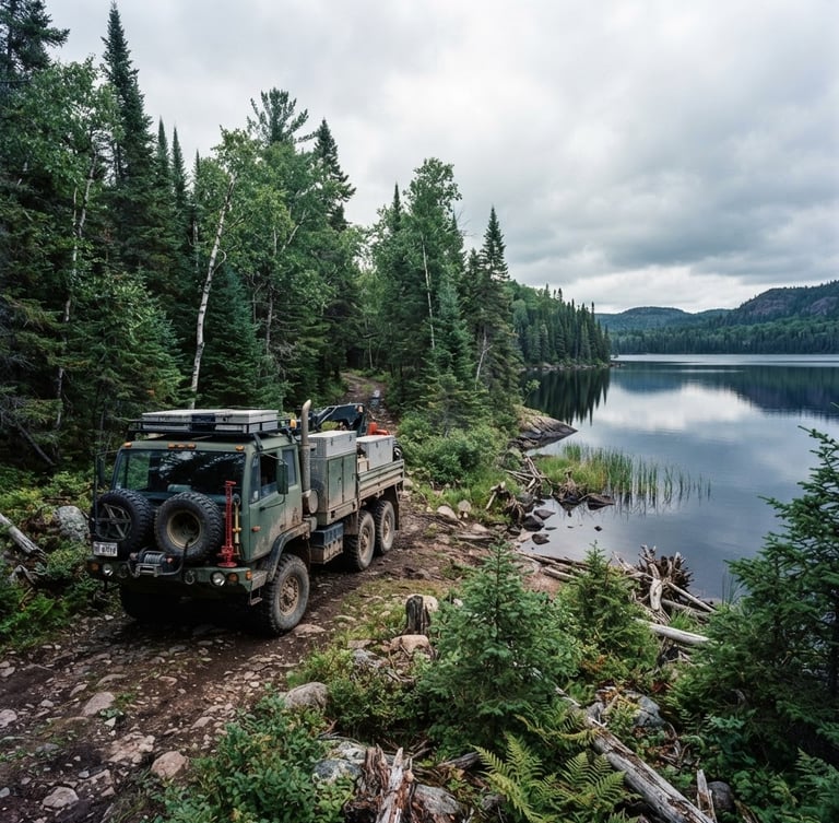 Wide environmental shot of a rugged forest trail in Northern Minnesota, a specialized heavy-duty service truck parked near a pristine lake, overcast northern daylight.
