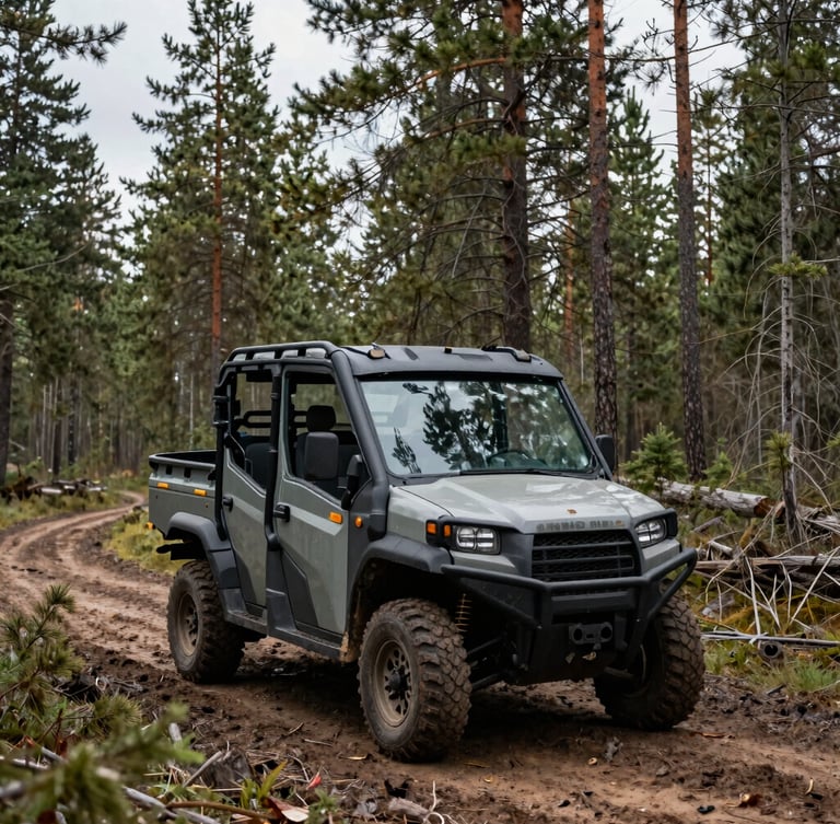 A rugged 4x4 utility service vehicle parked on a muddy logging trail in a dense pine forest, overcast northern daylight.