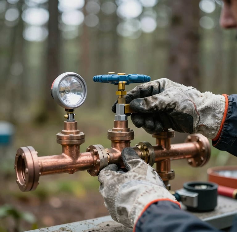 Close-up of a technician's hands in heavy work gloves adjusting a copper propane manifold, natural utility lighting, industrial tools in background.
