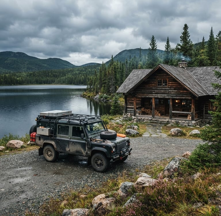 Wide environmental shot of a rugged all-terrain 4x4 service vehicle parked next to a lakeside timber lodge under overcast northern skies, 35mm lens