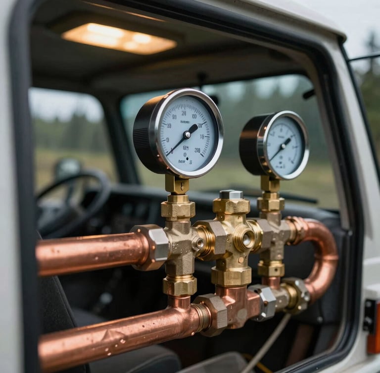 Close-up macro shot of copper pipes, heavy-duty brass fittings, and a manifold pressure gauge inside a rugged utility vehicle, warm interior utility lighting
