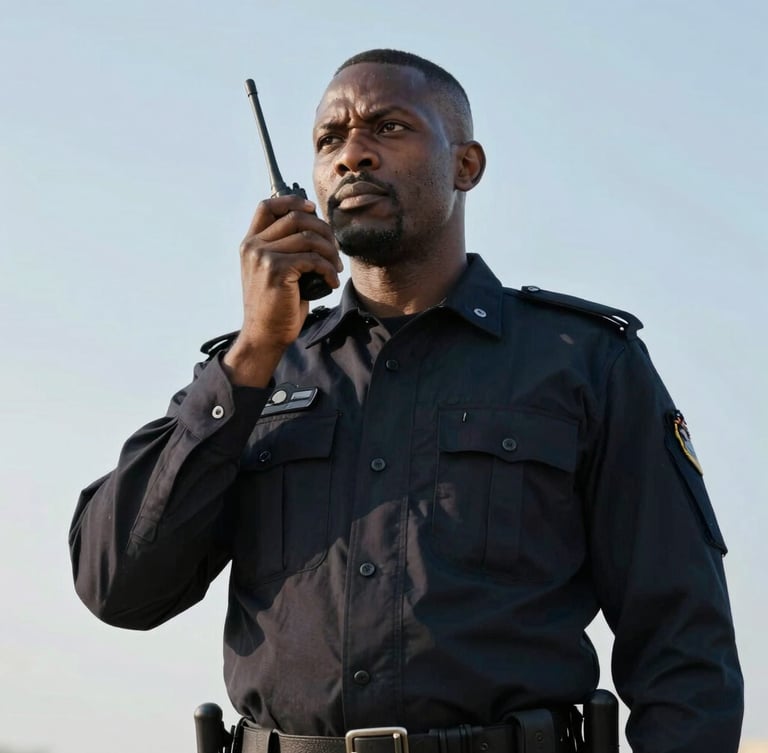 Low angle portrait of a tall, strong African security professional in a dark tailored uniform, communicating calmly on a radio, clear bright sky background