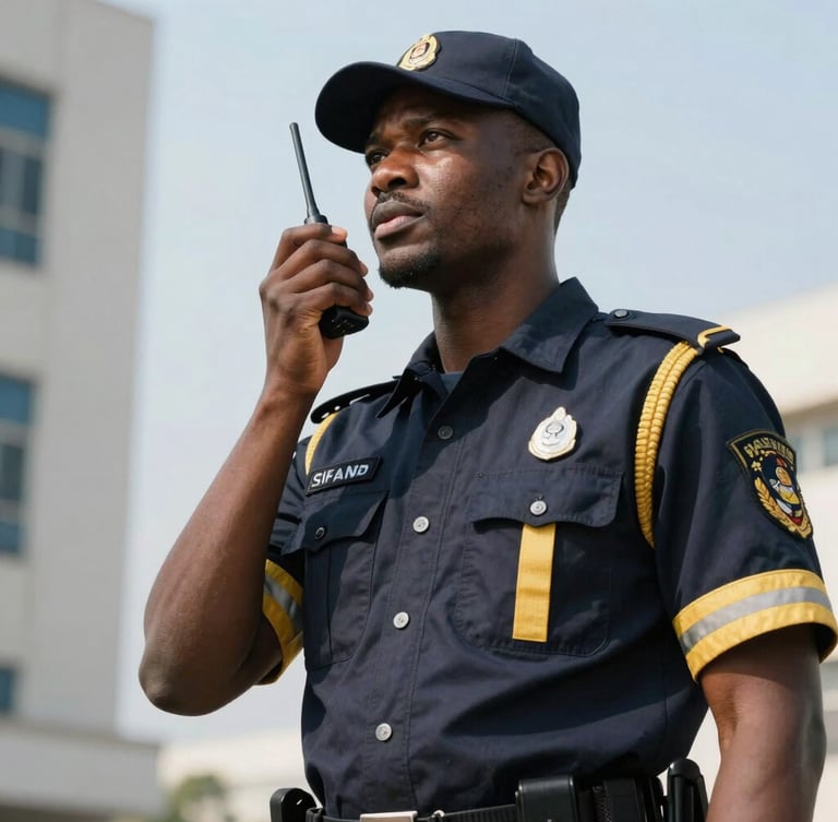 An upward angle shot of a tall, professional African security guard in a crisp navy and gold uniform, speaking calmly into a radio under bright corporate daylight.