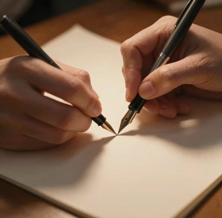Close-up of hands writing on manuscript paper with a fountain pen, warm side-lit desk lamp casting long amber shadows, tactile paper texture.