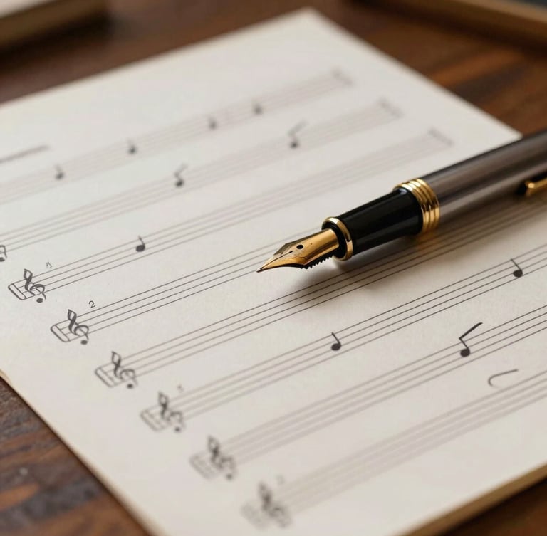 A close-up, side-lit view of handwritten music manuscript paper on a dark wooden desk. A classic fountain pen rests on the page, with warm amber light catching the brass nib and the texture of the paper.