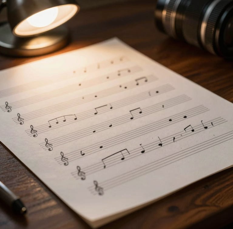 Extreme close-up of handwritten manuscript paper on a dark wooden desk, soft amber light from a desk lamp illuminating the ink lines and hand-drawn musical notes, shallow depth of field.