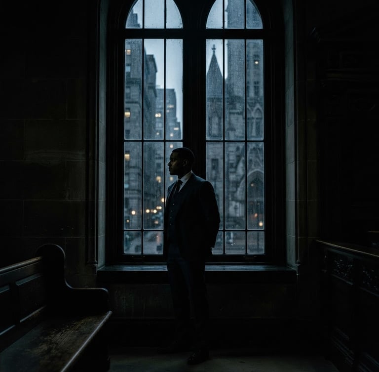 Dramatic low-key photography of a high-authority lawyer silhouette standing in front of a tall, dark judicial window, harsh side-lighting, deep shadows, 35mm