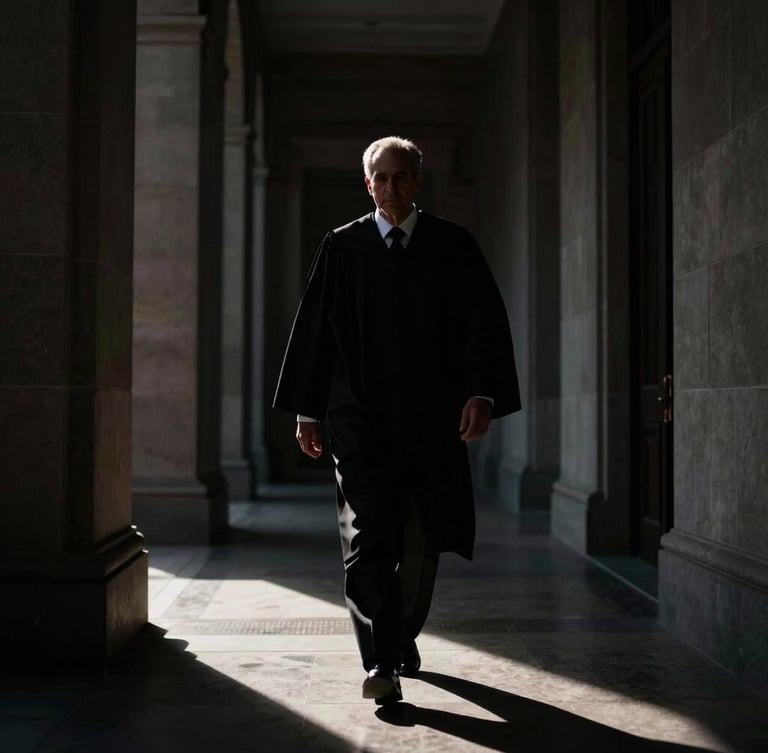 Low-angle dramatic shot of a high-authority lawyer silhouette walking through a dark, high-contrast courthouse corridor with harsh side-lighting