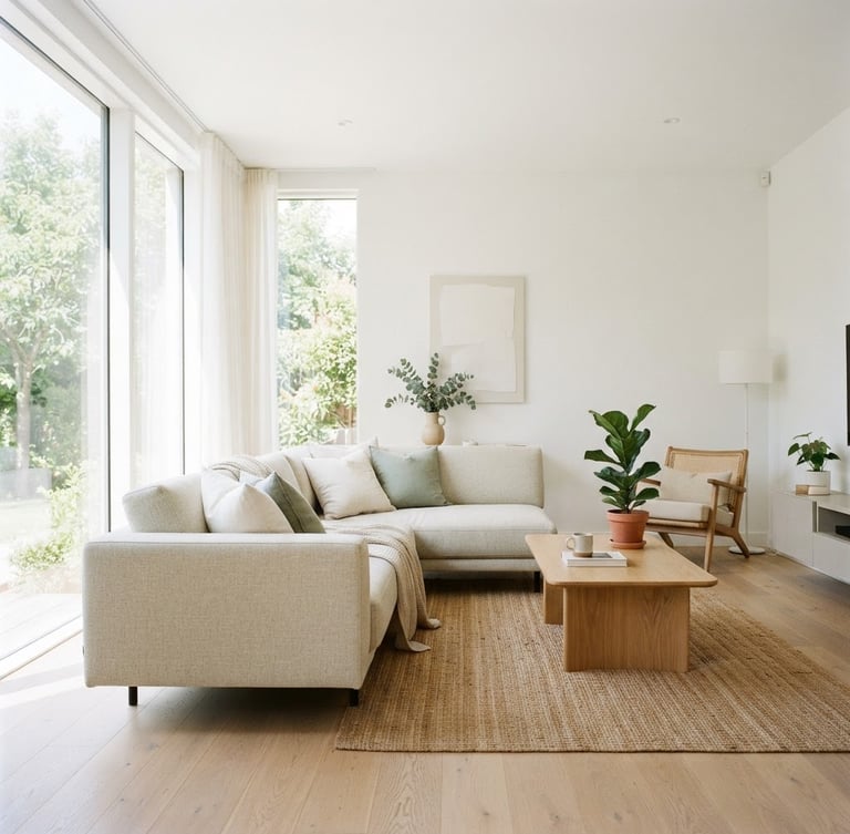 Bright high key photography of a clean modern living room with a fresh fabric sofa, natural daylight pouring in, 35mm lens
