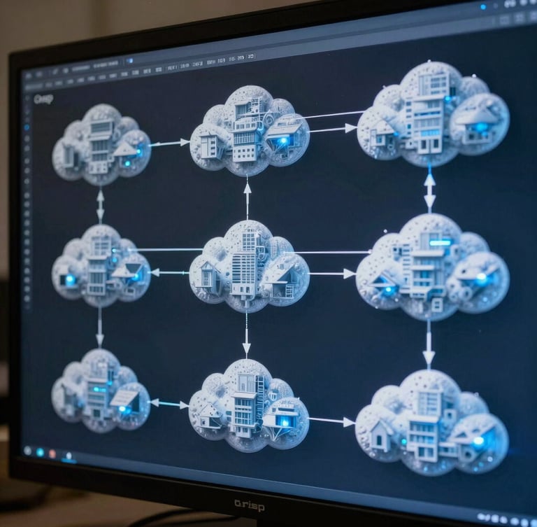 Crisp architectural schematic of cloud network topology displayed on a high-resolution screen, daylight mixed with cool blue LED glows.