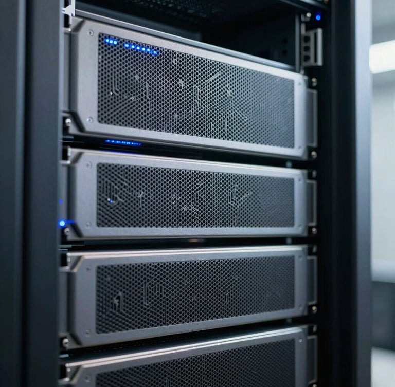 Macro close-up of clean, neatly routed server racks in a modern server room, cool crisp daylight with subtle blue LED indicator glows, structured architectural framing.