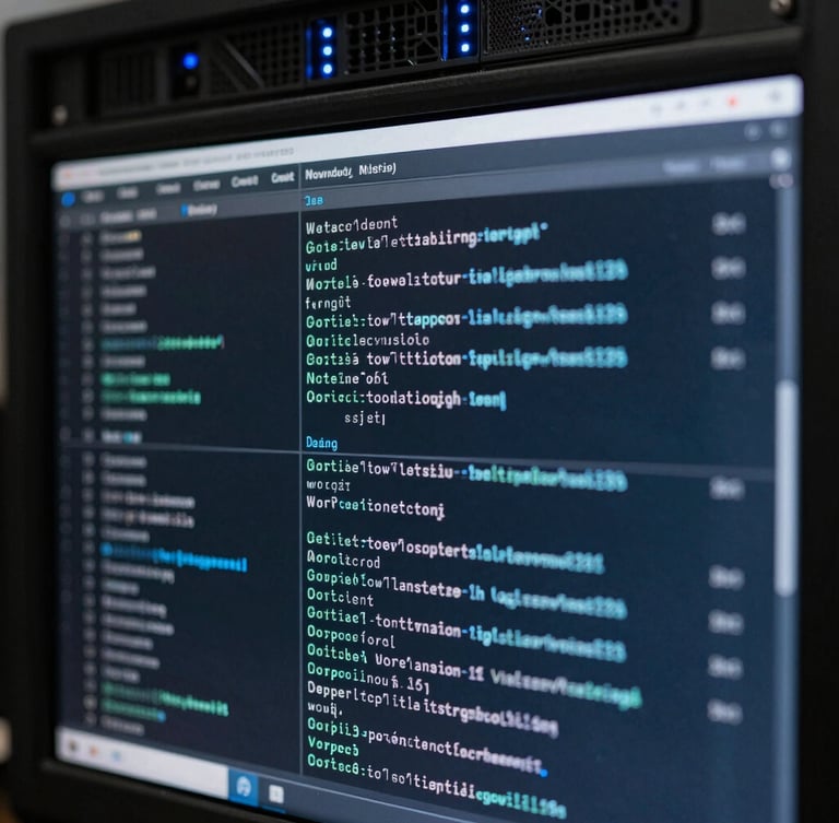 Macro close-up of a dark cybersecurity terminal showing real-time network traffic logs, clean monospace font, subtle blue and white LED indicator glows on server chassis in background.