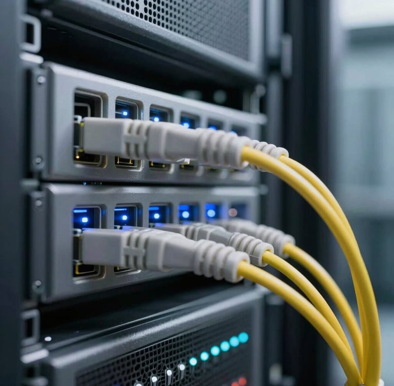 A macro close-up of neatly routed fiber optic cables and server racks inside a high-end enterprise data center, cool crisp daylight mixed with subtle blue and white LED indicator glows, structured architectural perspective.