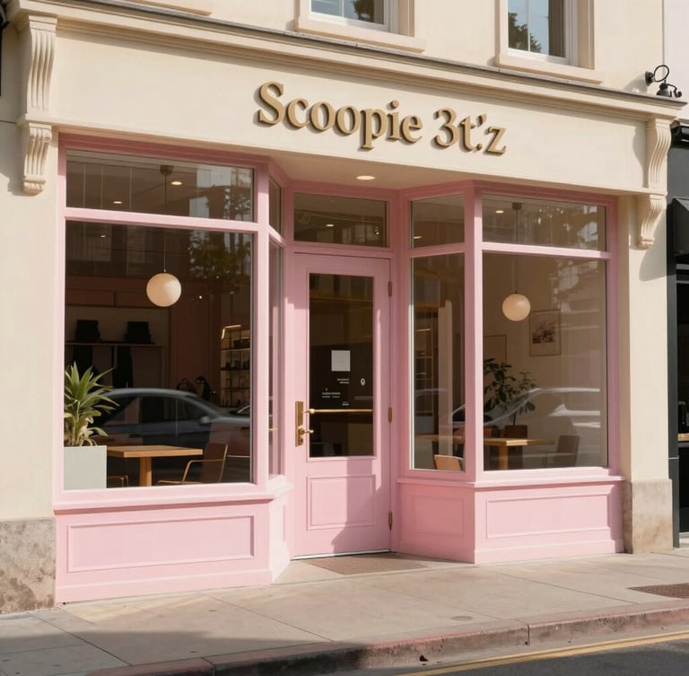 Wide-angle, daylight-flooded photo of the Scoopie'z storefront. Large glass windows, soft pink accents on the door, warm cream walls, clean architectural lines, sun-drenched sidewalk in front.