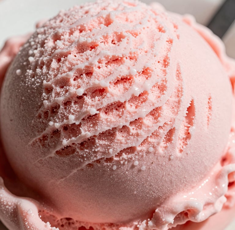 Extreme close-up macro shot of textured strawberry ice cream with melting edges, bright natural daylight, soft shadows, pastel pink color palette.