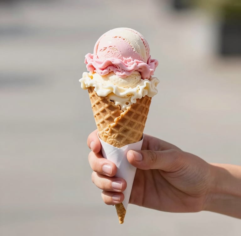 Candid shot of hands holding a fresh waffle cone topped with a double scoop of pink and cream ice cream, bright outdoor daylight, clean background.
