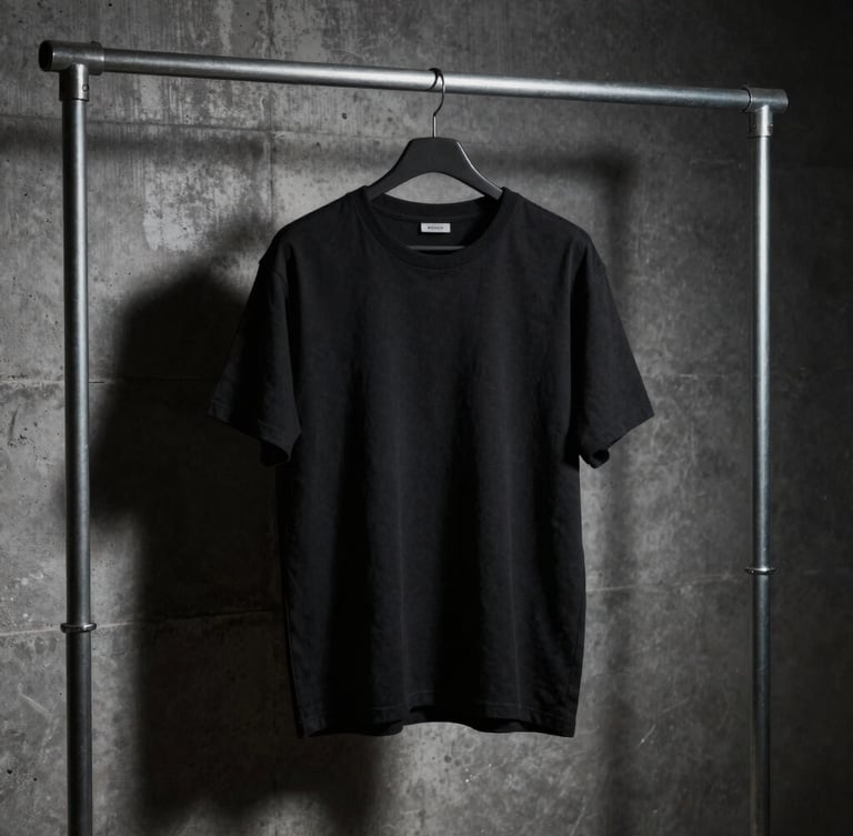 A heavy-weight cotton black t-shirt hanging on an industrial steel rack against a raw concrete wall, moody directional lighting, deep shadows
