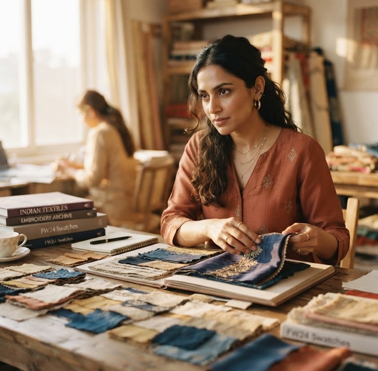 Modern Indian fashion editor reviewing fabric swatches in a sunlit studio, elegant and focused, shallow depth of field, warm editorial fashion photography.