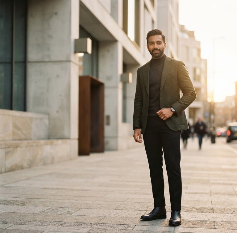 Modern Indian man in a sharp, tailored blazer, standing against a minimalist architectural background, soft golden-hour sunlight, off-center composition, high-contrast, editorial street-style.
