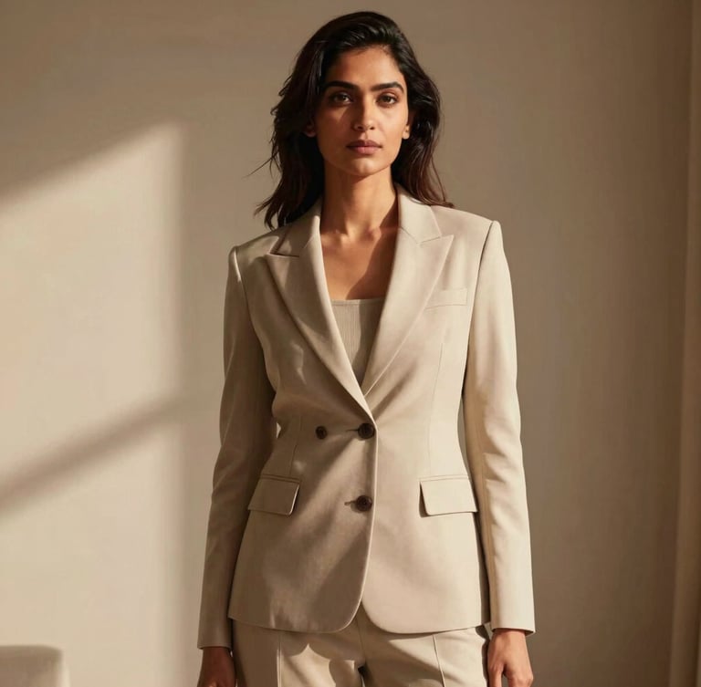 Portrait of a modern Indian woman in a meticulously curated capsule wardrobe outfit (neutral tones, tailored), standing in a minimalist interior with soft diffused light, elegant and sophisticated, 35mm.