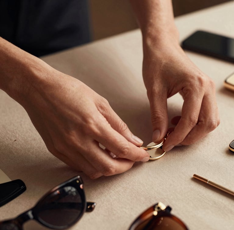 Close-up of hands meticulously arranging fashion accessories on a beige fabric, soft studio lighting, rich muted tones, elegant styling, shallow depth of field, warm editorial fashion photography.