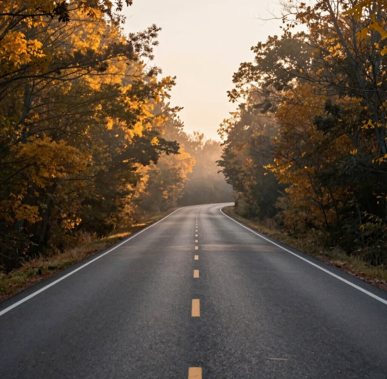 A quiet, empty asphalt road winding through soft golden hour trees, completely devoid of cars, misty atmosphere, peaceful and still.