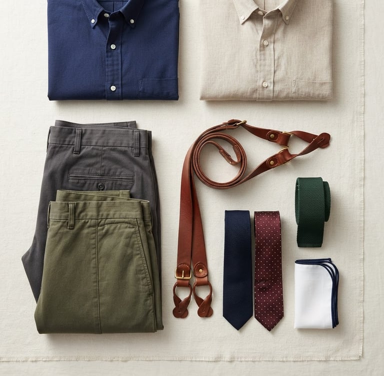 Sharp high-contrast flat-lay of neatly folded cotton garments, leather braces, and silk ties on a neutral ivory background, crisp studio lighting, sharp focus on fabric textures