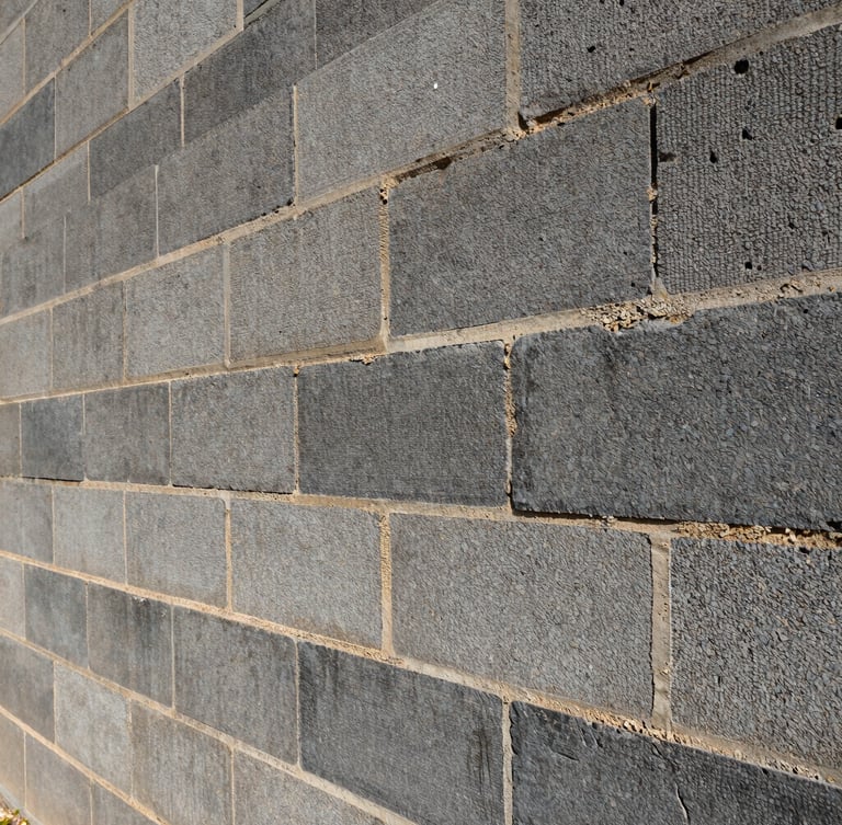 Low-angle heroic shot of a massive structural CMU block wall under hard, high-contrast natural sunlight, sharp focus, 35mm lens