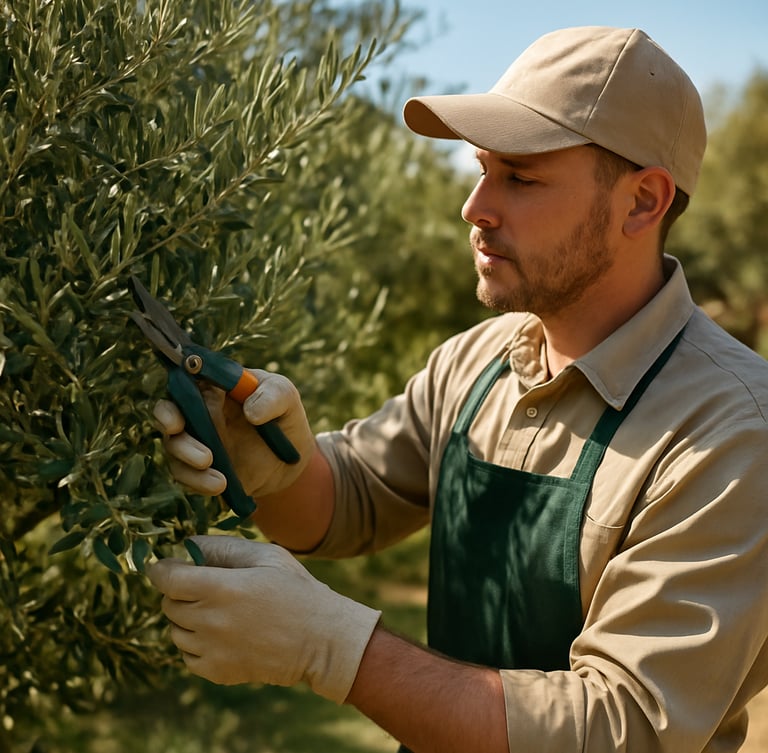 Close-up of a professional gardener in clean uniform pruning a lush olive tree in a sunny San Miguel de Allende estate, sharp focus, natural light.