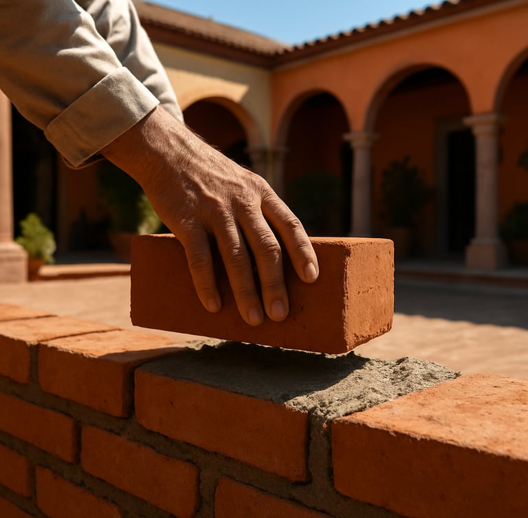 Close-up of a skilled mason laying traditional terracotta brick on a high-end San Miguel de Allende colonial villa courtyard, bright natural morning sunlight, sharp architectural lines.