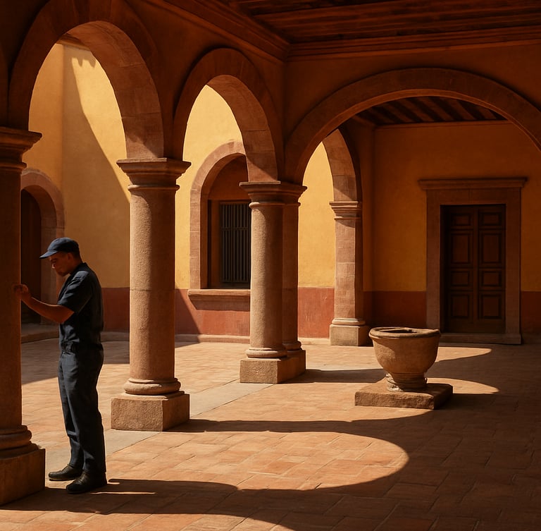 Wide panoramic 21:9 framing of a pristine colonial courtyard in San Miguel de Allende, warm Guanajuato sunlight casting sharp architectural shadows, a technician in a clean navy uniform inspecting a stone pillar to the left third, expansive terracotta details.