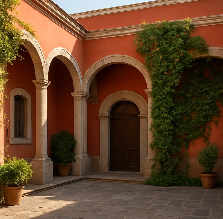 A beautifully restored colonial courtyard in San Miguel de Allende, showcasing clean stone masonry, pristine painted walls, and manicured climbing plants under warm afternoon sunlight.