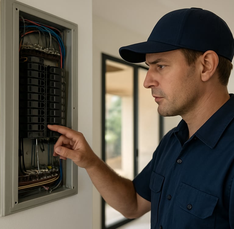Close-up of a professional technician in a clean navy uniform inspecting an electrical panel in a modern San Miguel de Allende villa, bright natural light.