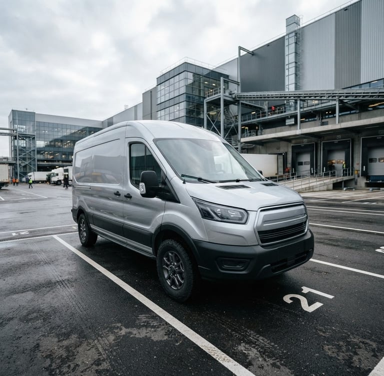 Dynamic low-angle shot of a clean modern delivery van parked at a state-of-the-art logistics hub, crisp overcast daylight, desaturated metallic tones