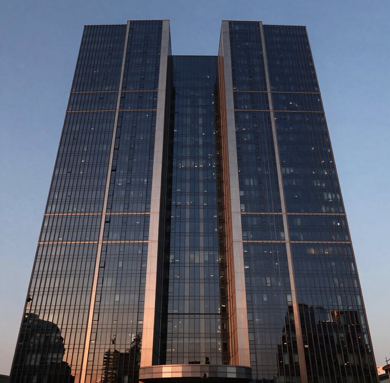 Symmetrical architectural exterior of a modern glass and steel skyscraper in Gurgaon during twilight, sharp reflections, deep navy tones