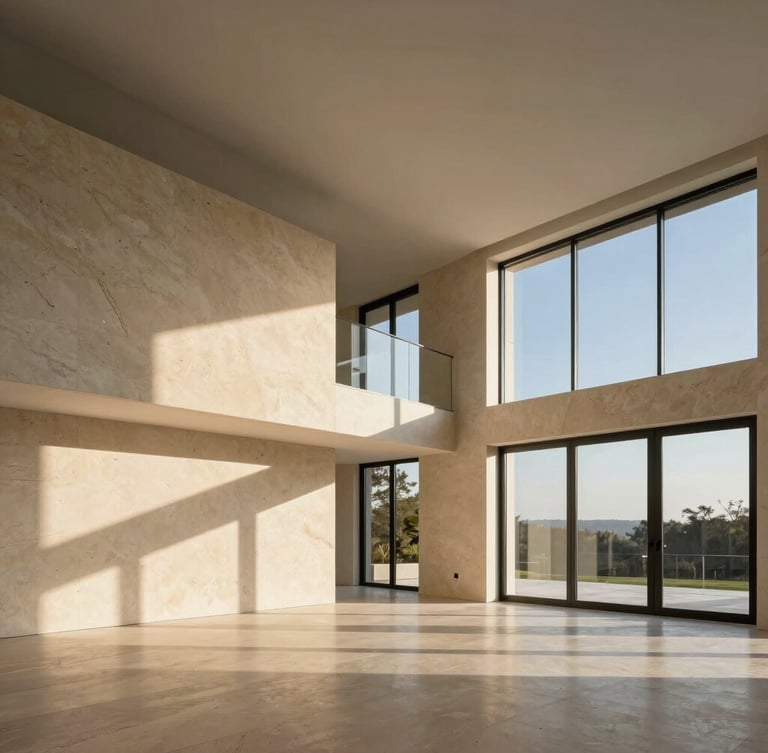 Minimalist modern residential interior with high-end travertine finishes and floor-to-ceiling windows, sharp late-afternoon sun casting long architectural shadows, warm champagne tones, premium photography.