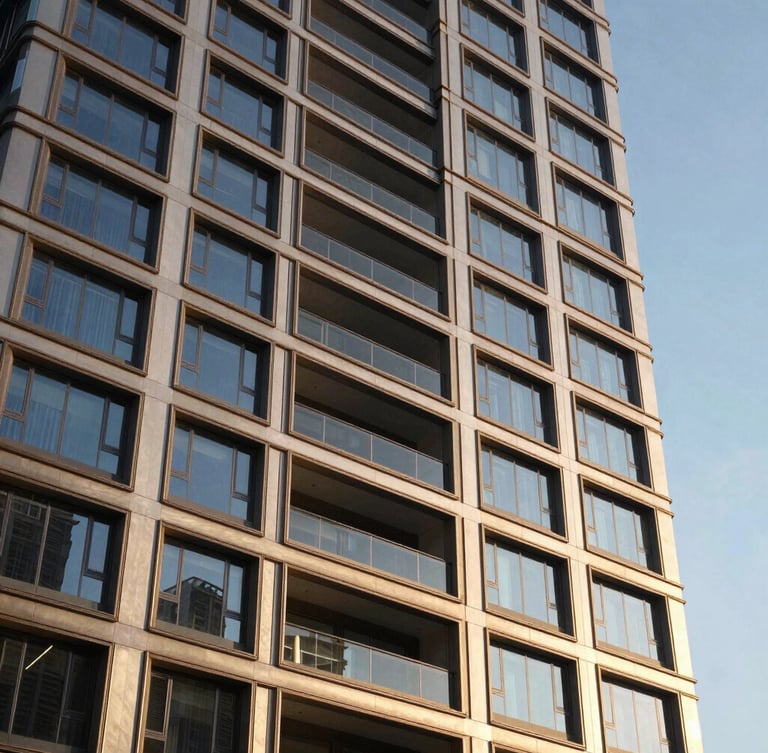 Tight abstract architectural angle of a luxury residential building facade, warm champagne accents, sharp shadows from late-afternoon sun
