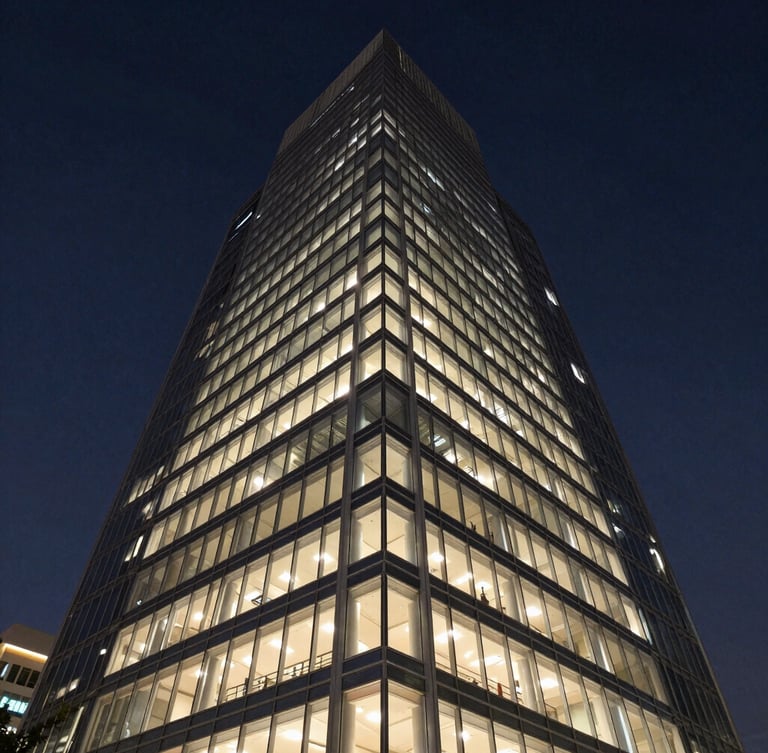 Sharp architectural twilight photography of a modern steel-and-glass Gurgaon office tower, deep navy sky, warm champagne interior lights reflecting on glass, wide-angle symmetrical shot