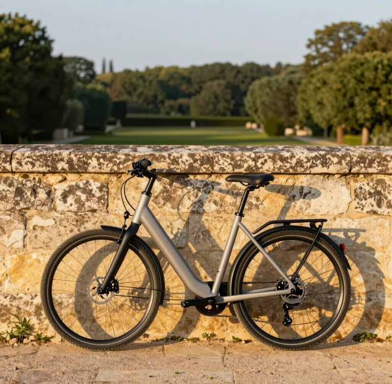A premium modern electric bike resting against a warm limestone wall of a Burgundy estate, soft morning golden hour lighting.