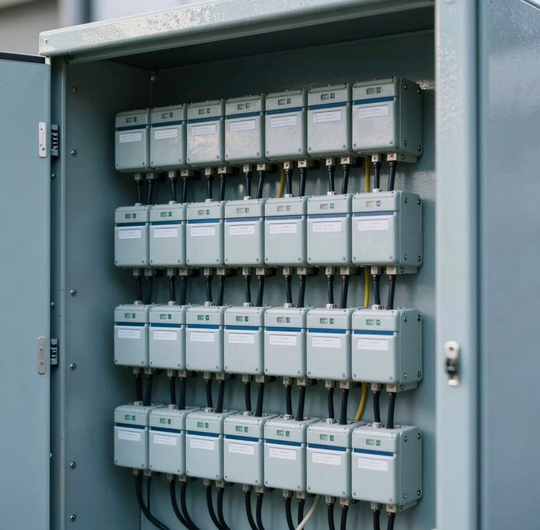 Sharp architectural photography of a neatly organized industrial electrical panel, clean technical wiring and components, cool day lighting, industrial blue and slate tones, sharp focus, 35mm.