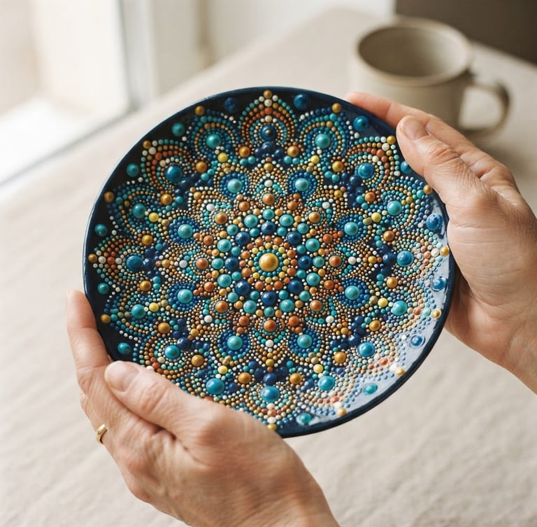Hands holding a finished dot-painted ceramic plate, showing the detailed 3D paint texture, warm editorial photography, soft natural side-light, minimalist neutral background, 35mm