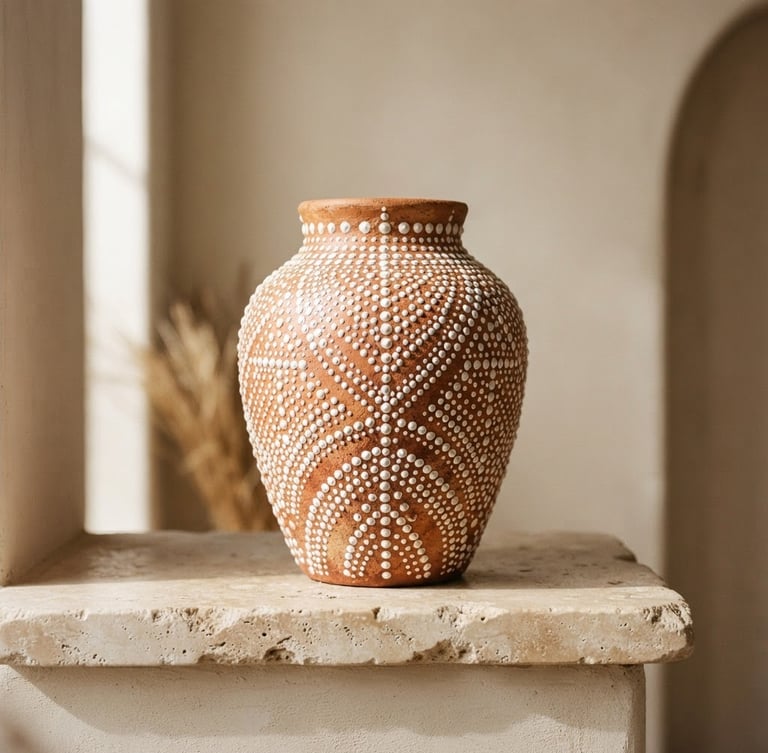 Warm editorial photography of a hand-painted terracotta vase on a minimalist sand-colored stone ledge. Soft natural side-light casts subtle shadows that emphasize the 3D texture of the intricate white paint dots. Clean, uncluttered composition with generous negative space, 35mm.