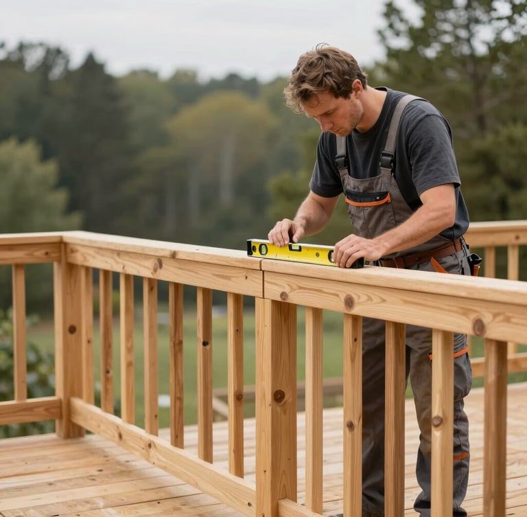 A Ridgeline Craftsmen lead carpenter in work attire, focused on precisely measuring a newly installed clear-grade cedar deck railing with a digital level, soft overcast daylight, architectural photography style, 35mm lens.